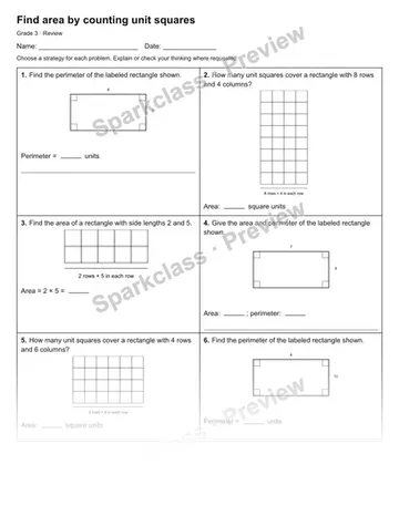 Find area by counting unit squares — Review — Grade 3 worksheet preview