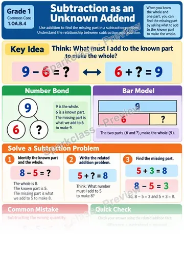 Knowledge Guide · Subtraction as an Unknown Addend — Grade 1 worksheet preview