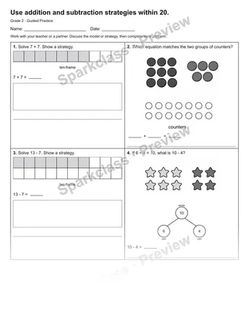 Use addition and subtraction strategies within 20. — Guided Practice — Grade 2 worksheet preview
