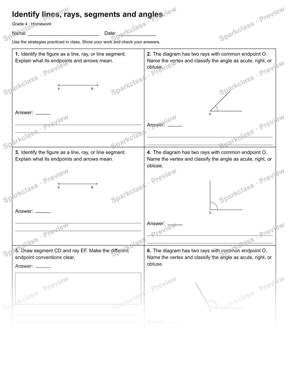 Identify lines, rays, segments and angles — Homework — page 1
