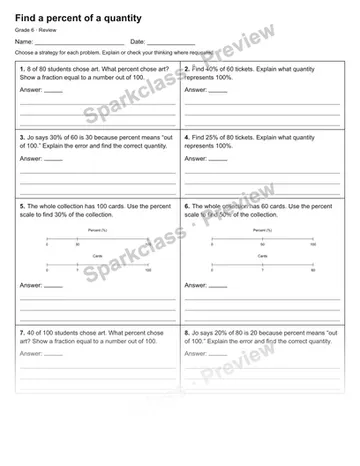 Find a percent of a quantity — Review — Grade 6 worksheet preview
