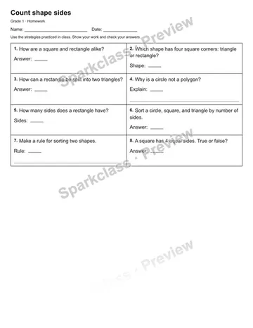 Count shape sides — Homework — Grade 1 worksheet preview