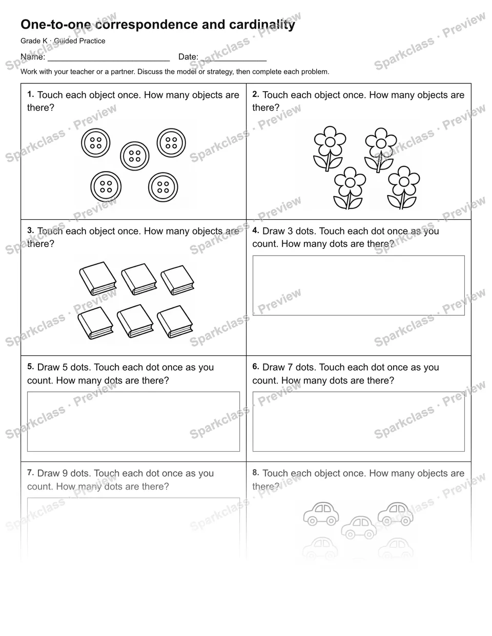 One-to-one correspondence and cardinality — Guided Practice — page 1