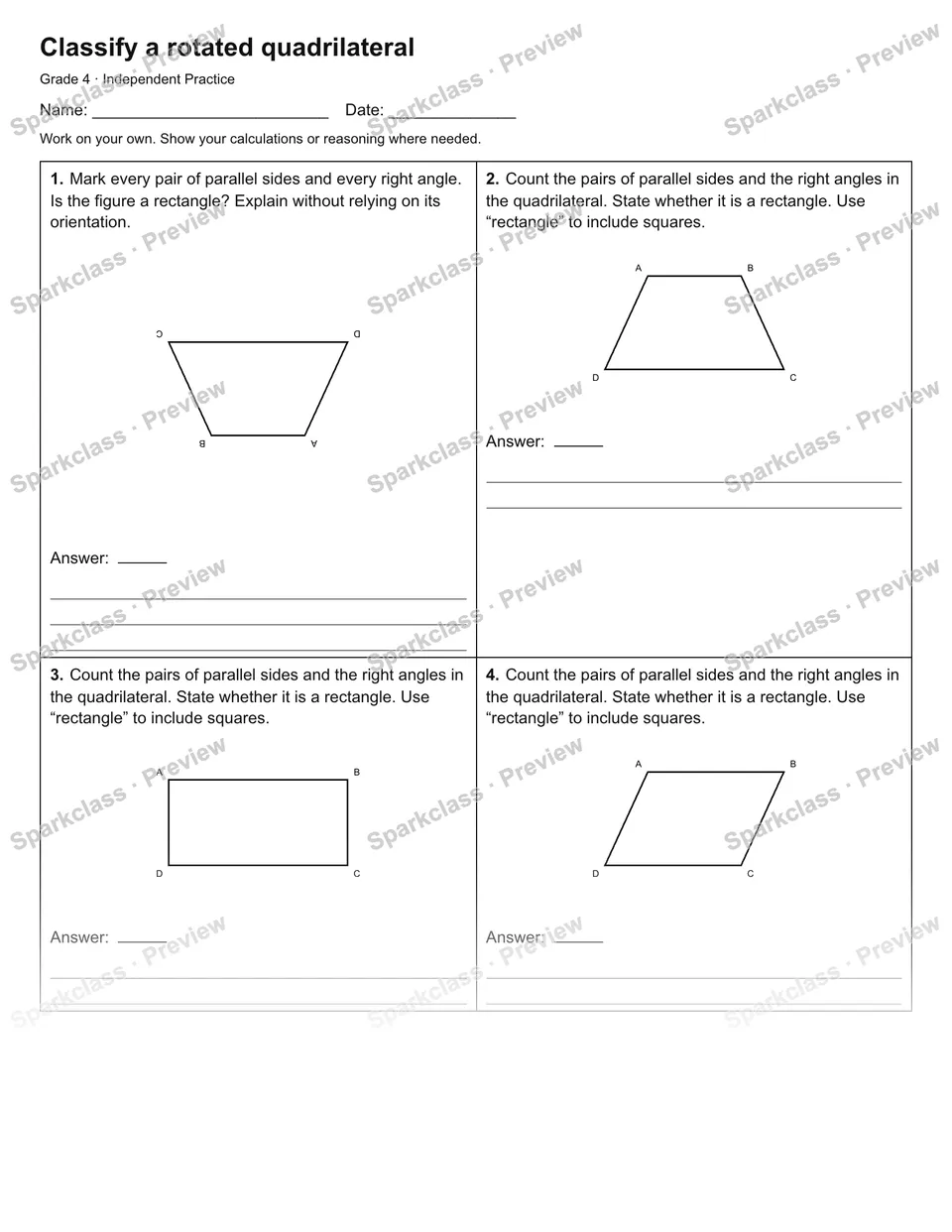 Classify a rotated quadrilateral — Independent Practice — page 1