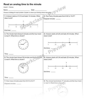 Read an analog time to the minute — Review — Grade 3 worksheet preview