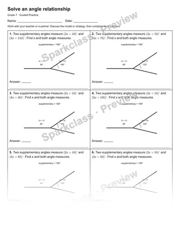 Solve an angle relationship — Guided Practice — Grade 7 worksheet preview