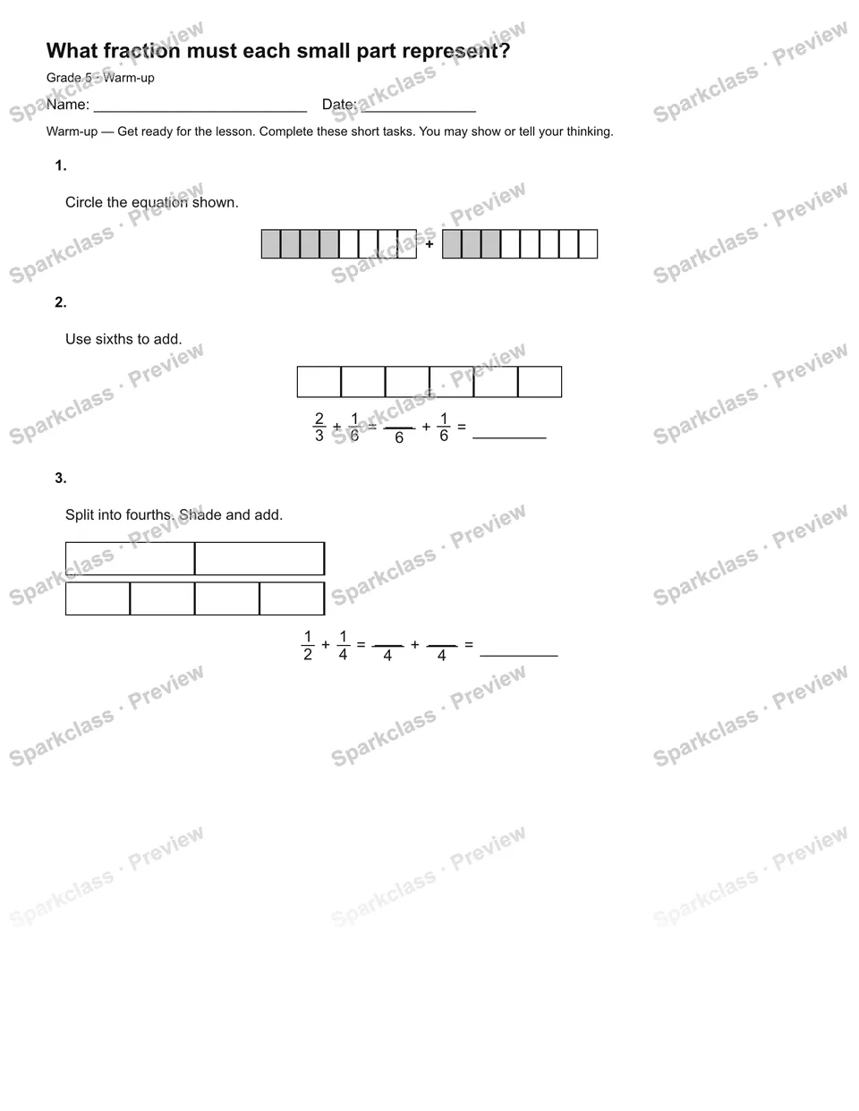 What fraction must each small part represent? — Warm-up — page 1