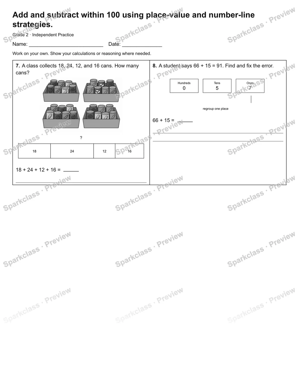 Add and subtract within 100 using place-value and number-line strategies. — Independent Practice — page 2