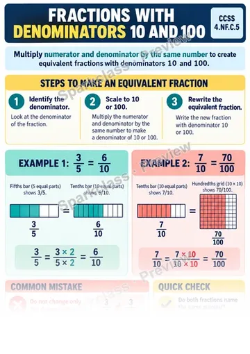 Knowledge Guide · Fractions with Denominators 10 and 100 — Grade 4 worksheet preview