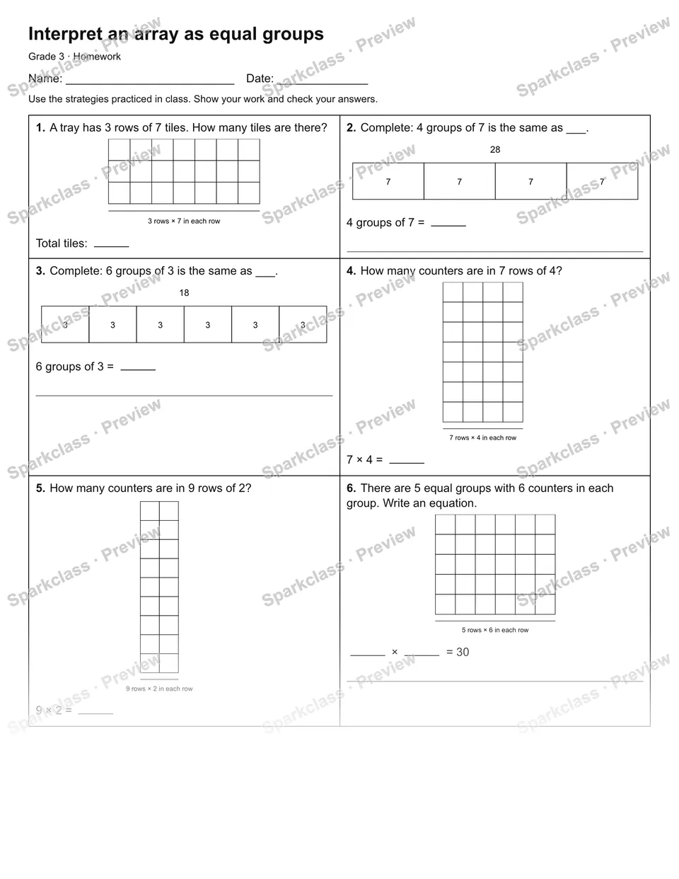 Interpret an array as equal groups — Homework — page 1