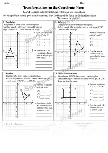 8.G.A.1 · 1 Transformations Coordinate Plane V3 — Grade 8 worksheet preview