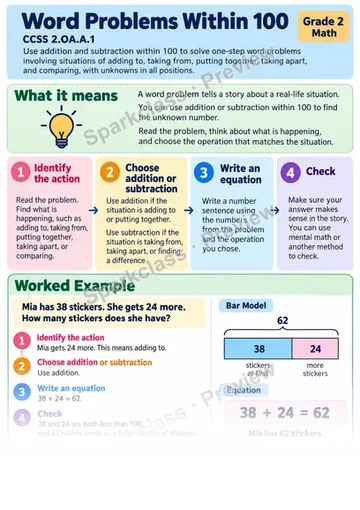 Knowledge Guide · Word Problems Within 100 — Grade 2 worksheet preview