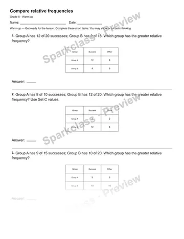 Compare relative frequencies — Warm-up — Grade 8 worksheet preview