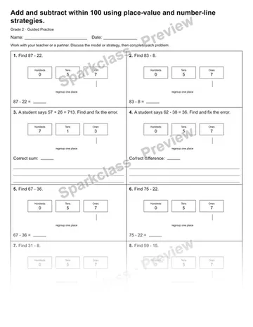Add and subtract within 100 using place-value and number-line strategies. — Guided Practice — Grade 2 worksheet preview