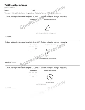 Test triangle existence — Warm-up — Grade 7 worksheet preview