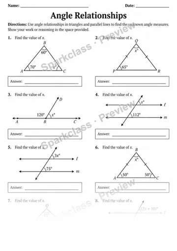 8.G.A.5 · Angle relationships in triangles and parallel lines — Grade 8 worksheet preview