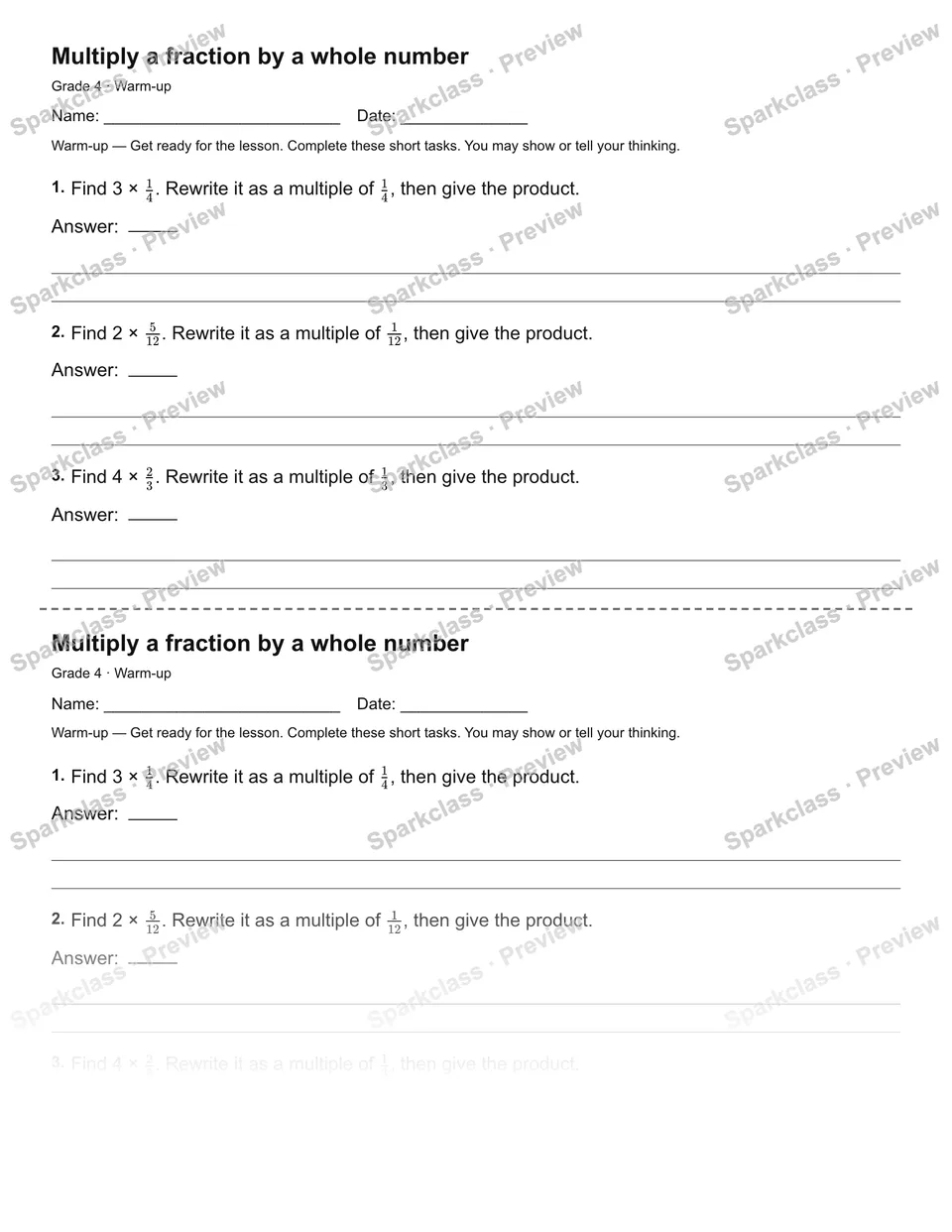 Multiply a fraction by a whole number — Warm-up — page 1