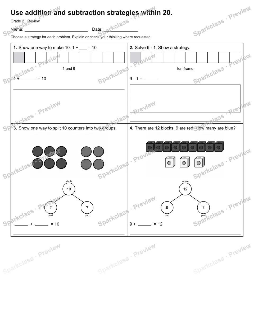Use addition and subtraction strategies within 20. — Review — page 1