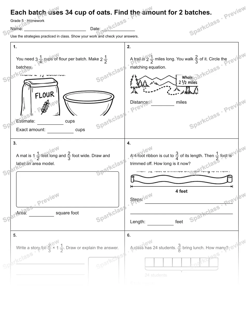 Each batch uses 34 cup of oats. Find the amount for 2 batches. — Homework — page 1