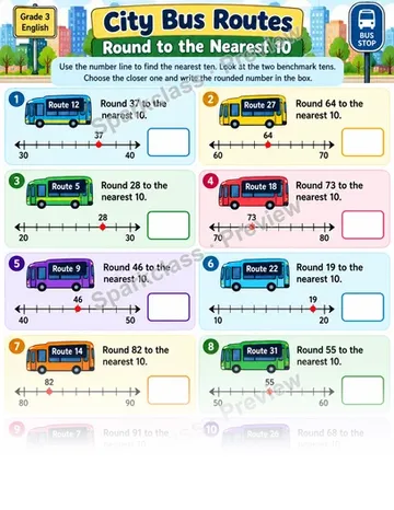 Round To Nearest 10 City — Grade 3 worksheet preview