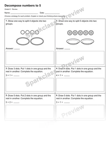 Decompose numbers to 5 — Review — Kindergarten worksheet preview