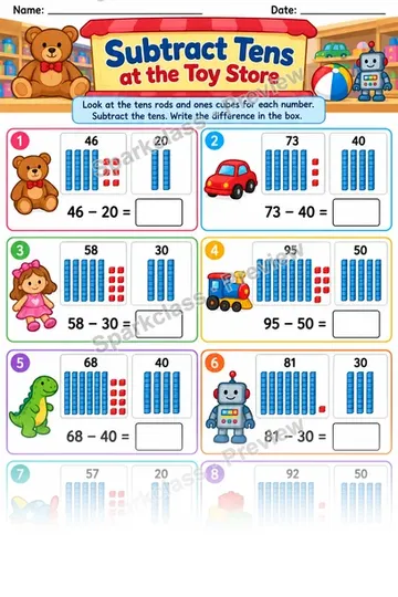 Subtract Tens Toy Store — Grade 1 worksheet preview