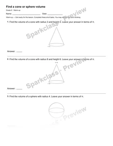 Find a cone or sphere volume — Warm-up — Grade 8 worksheet preview
