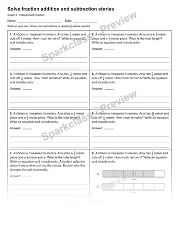 Solve fraction addition and subtraction stories — Independent Practice — Grade 4 worksheet preview