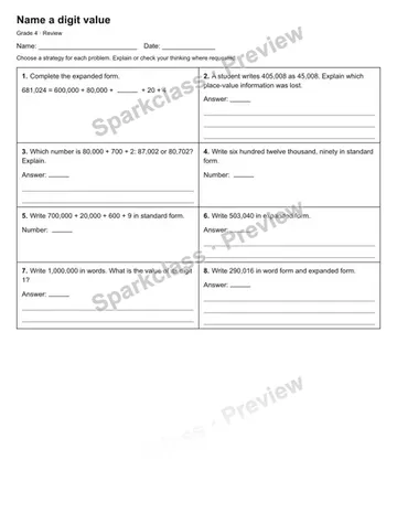 Name a digit value — Review — Grade 4 worksheet preview