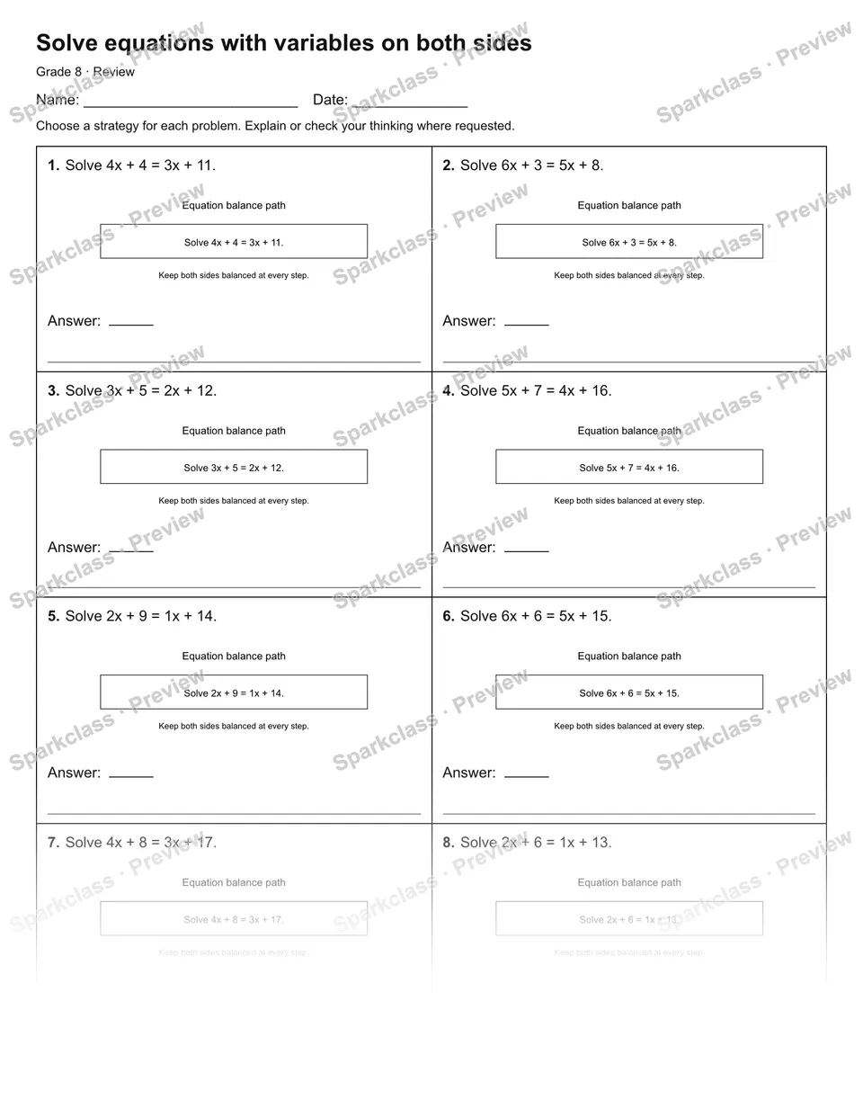 Solve equations with variables on both sides — Review — page 1