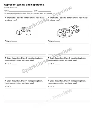 Represent joining and separating — Homework — Kindergarten worksheet preview
