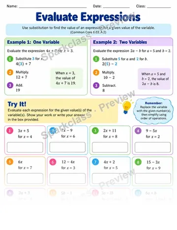 Evaluate Expressions — Grade 6 worksheet preview