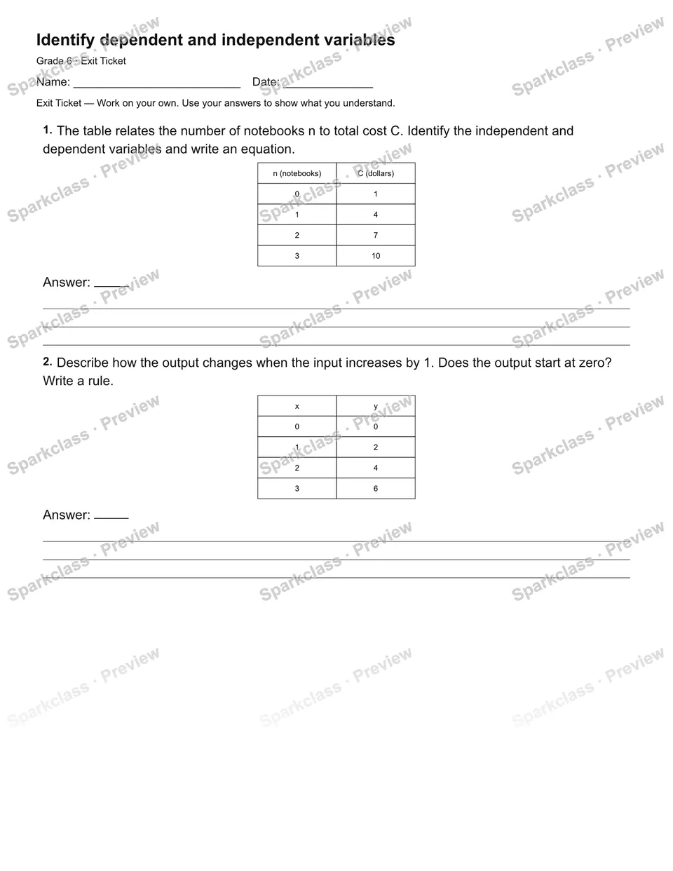 Identify dependent and independent variables — Exit Ticket — page 1