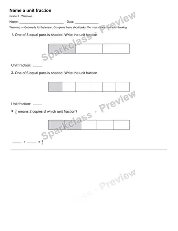 Name a unit fraction — Warm-up — Grade 3 worksheet preview