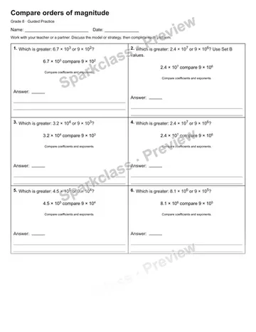 Compare orders of magnitude — Guided Practice — Grade 8 worksheet preview