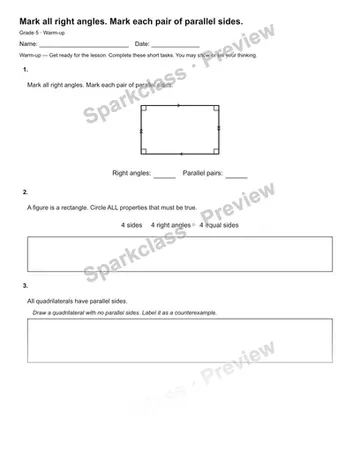 Mark all right angles. Mark each pair of parallel sides. — Warm-up — Grade 5 worksheet preview