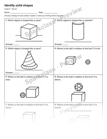 Identify solid shapes — Review — Kindergarten worksheet preview