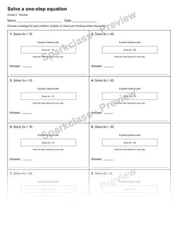 Solve a one-step equation — Review — Grade 8 worksheet preview