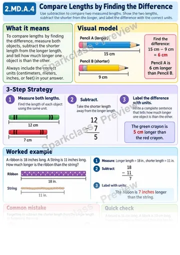Knowledge Guide · Compare Lengths by Finding the Difference — Grade 2 worksheet preview