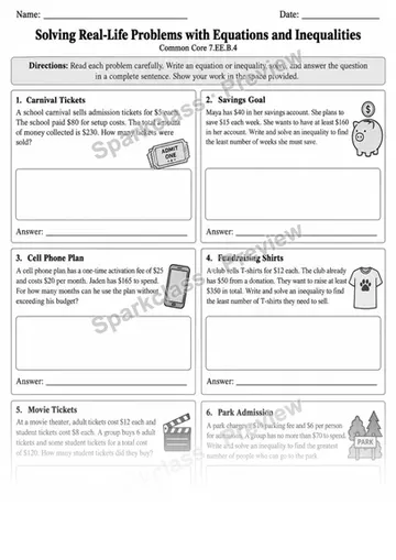 7.EE.B.4 · Equations and Inequalities in Real Life — Grade 7 worksheet preview