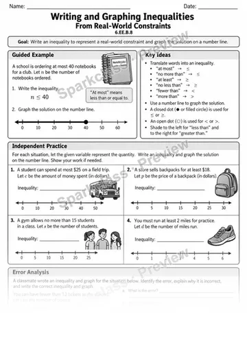 8 Inequalities Real World — Grade 6 worksheet preview