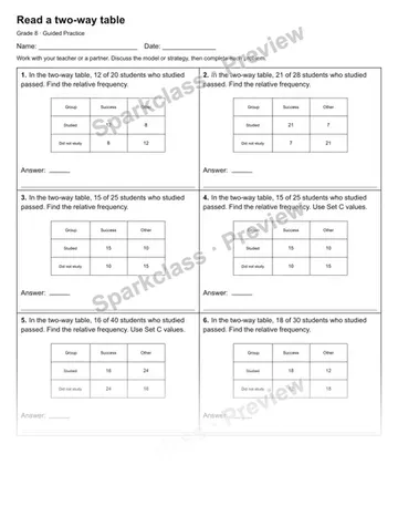 Read a two-way table — Guided Practice — Grade 8 worksheet preview