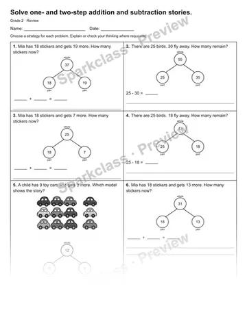 Solve one- and two-step addition and subtraction stories. — Review — Grade 2 worksheet preview