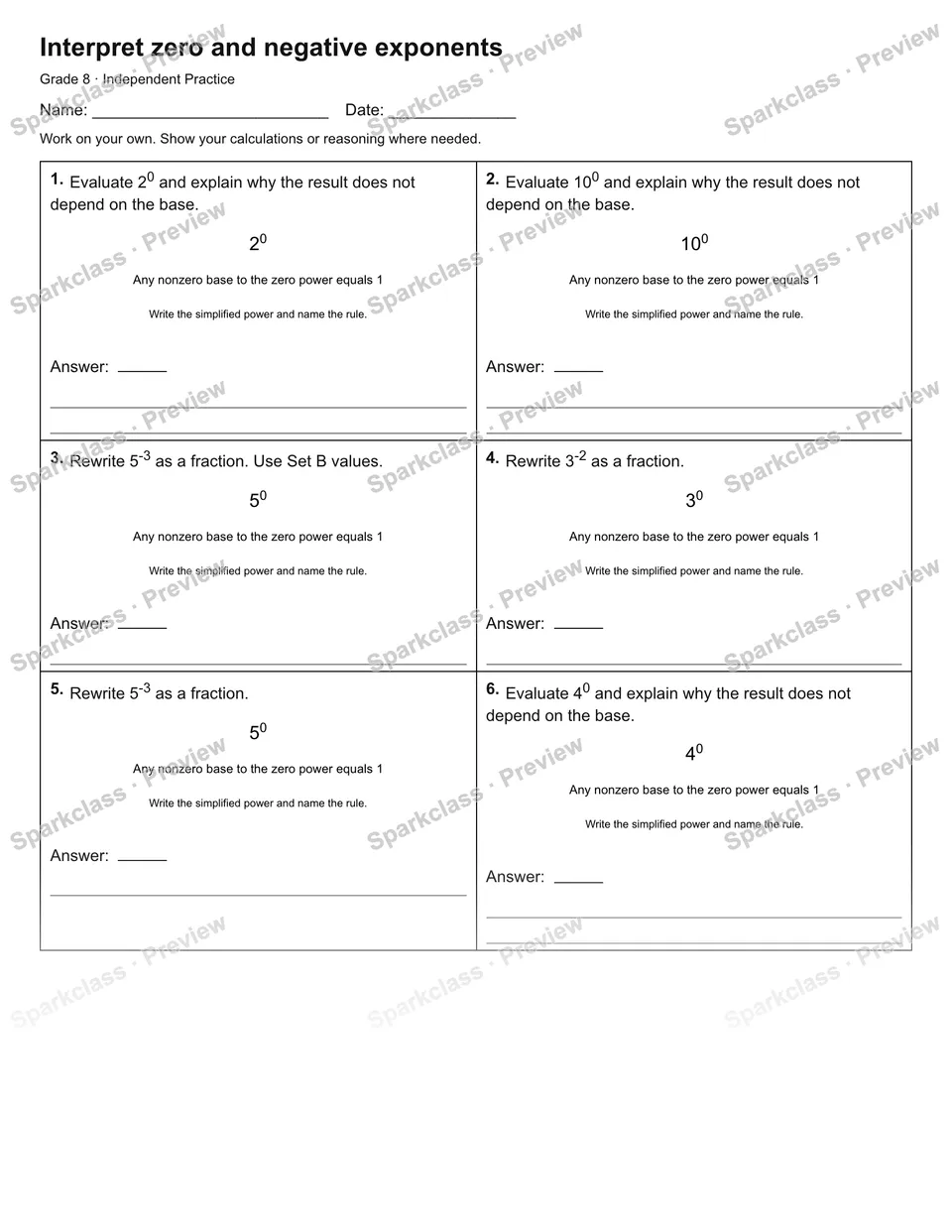 Interpret zero and negative exponents — Independent Practice — page 1