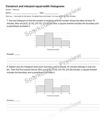 Construct and interpret equal-width histograms — Warm-up — Grade 6 worksheet preview