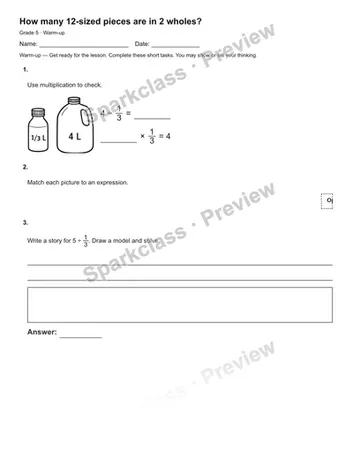 How many 12-sized pieces are in 2 wholes? — Warm-up — Grade 5 worksheet preview