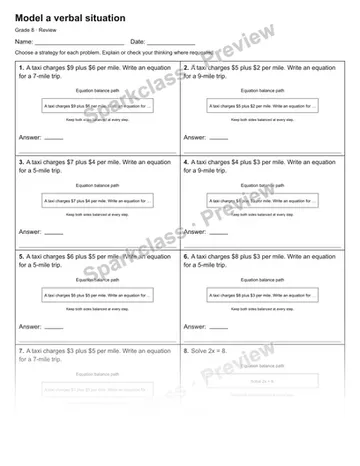 Model a verbal situation — Review — Grade 8 worksheet preview