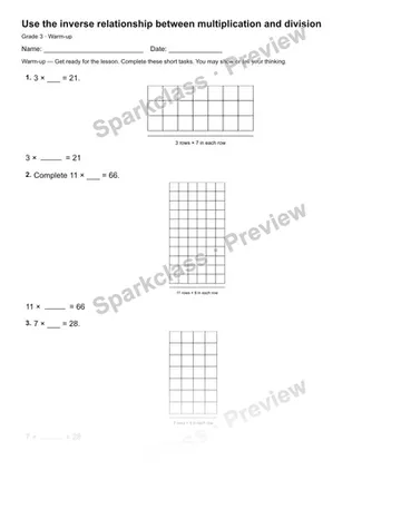 Use the inverse relationship between multiplication and division — Warm-up — Grade 3 worksheet preview
