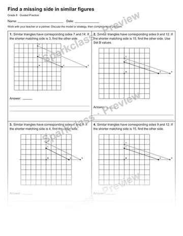 Find a missing side in similar figures — Guided Practice — Grade 8 worksheet preview