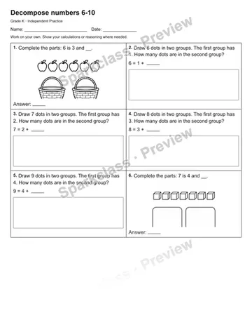 Decompose numbers 6-10 — Independent Practice — Kindergarten worksheet preview